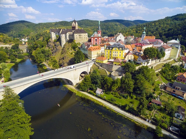 Aerial view of medieval town Loket nad Ohri nearby Karlovy Vary spa in Czech Republic